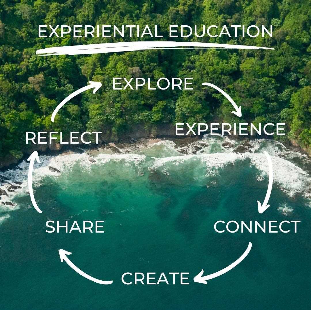A graphic showing how experiential education works (explore to experince to connect to create to share to reflect to explore again)