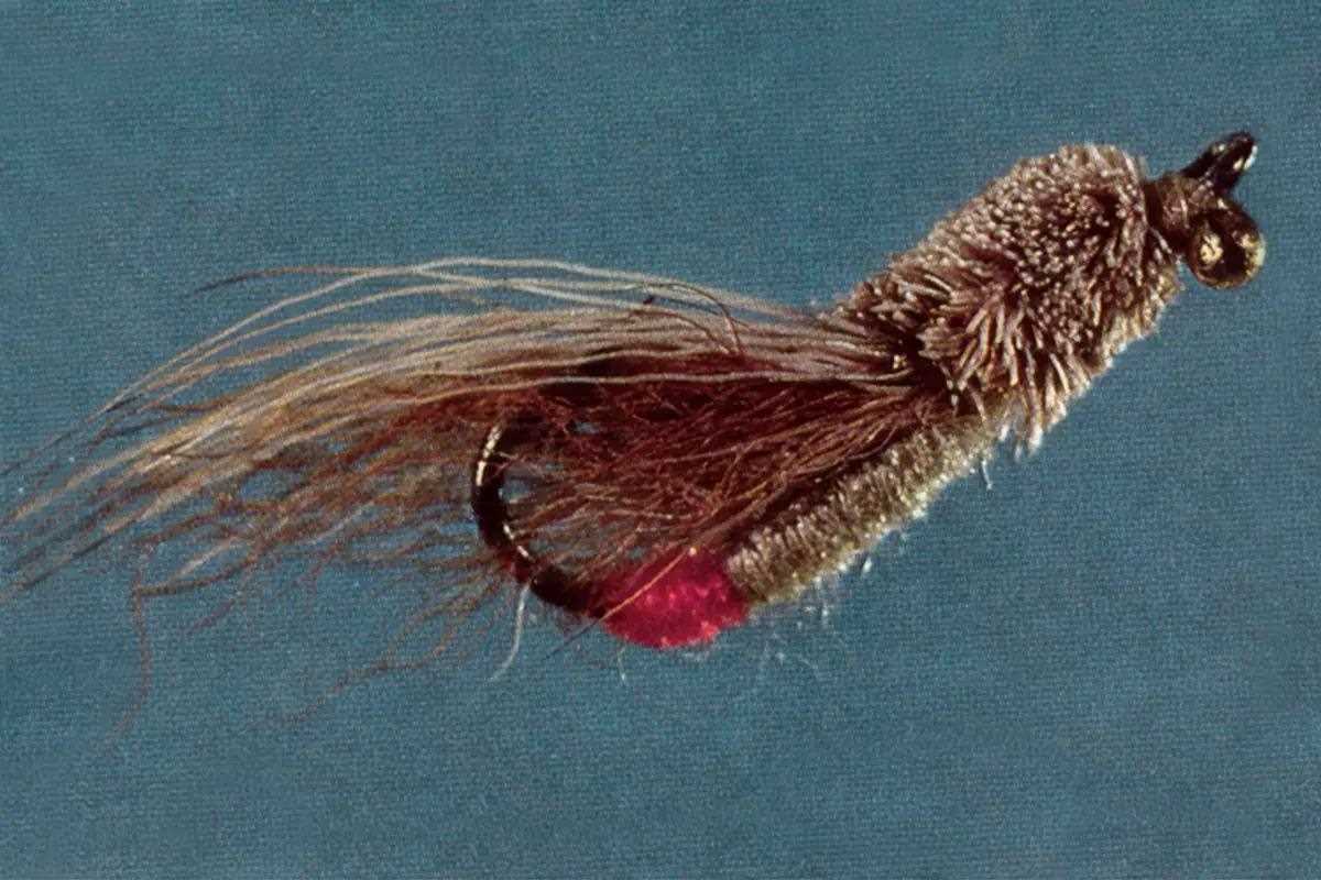 Studio photo of a brown spun-deer-hair fly.