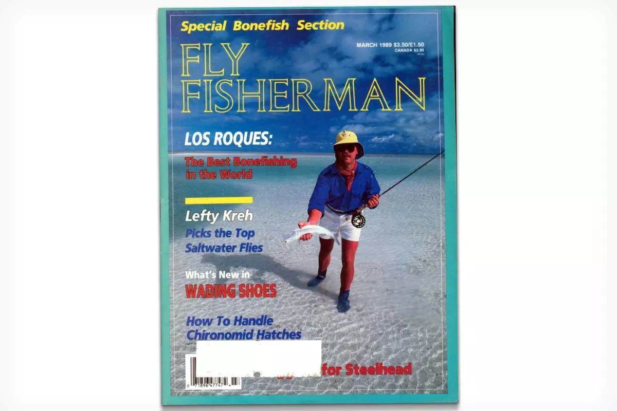 Cover of the March 1989 issue of Fly Fisherman magazine featuring a man wading in ankle-deep water holding a bonefish and fly rod.