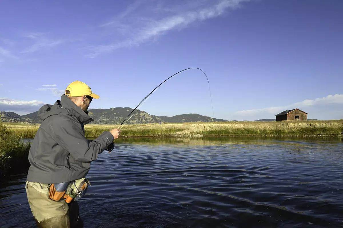 A fly angler wading thigh-deep and fighting a fish.