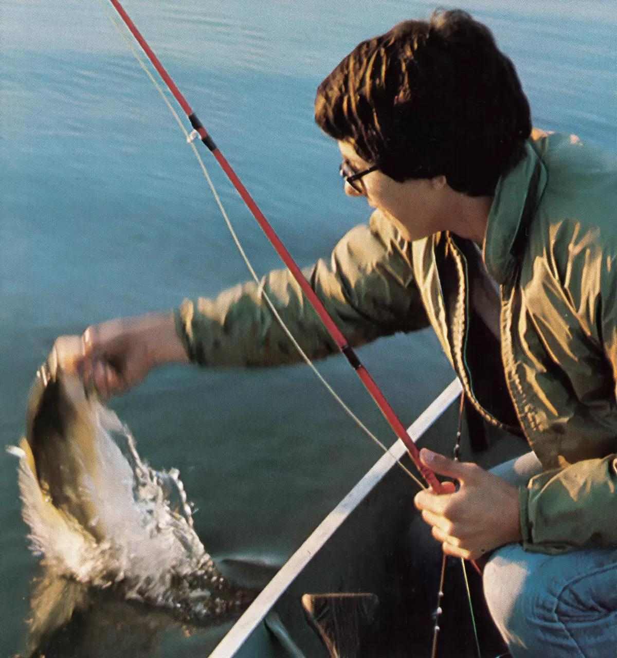 A fly angler in a boat landing a smallmouth bass. 