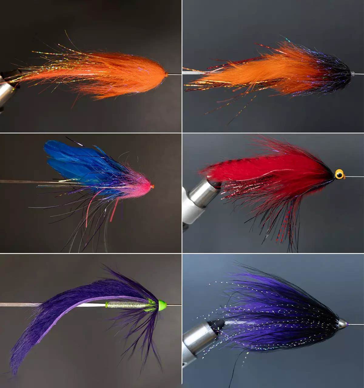 A collage of streamer flies in fly-tying vises.