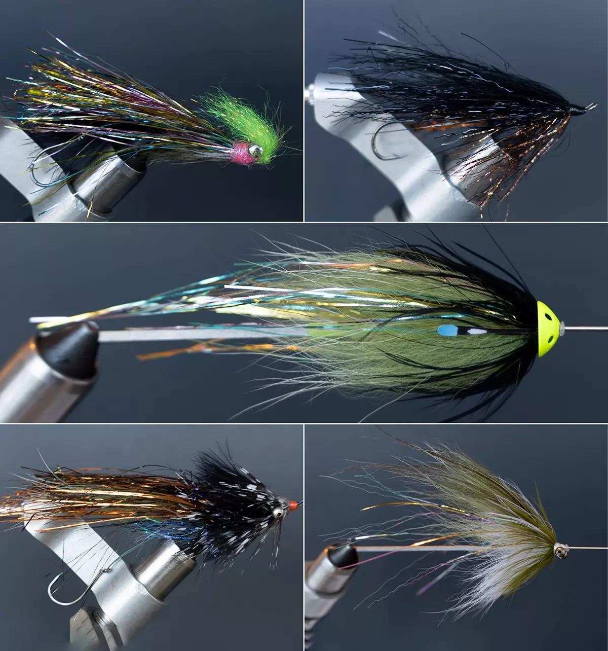 A collage of streamer flies in fly-tying vises.