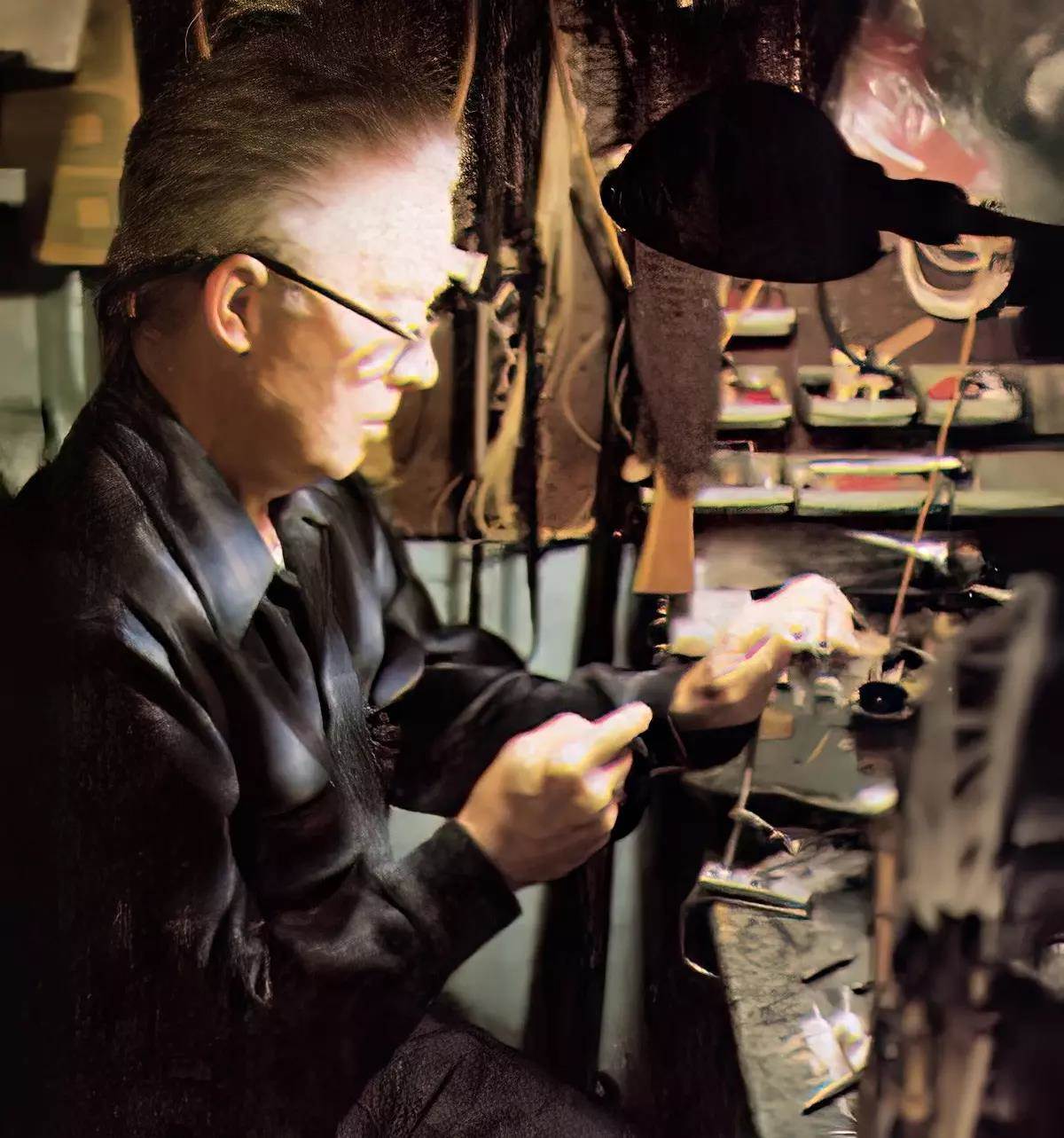 A scanned print photo from 1977 of an older man tying flies under the light of a lamp at his fly-tying desk.
