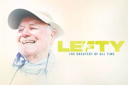 A graphic for a film about Lefty Kreh showing Lefty's smiling face and some text. 
