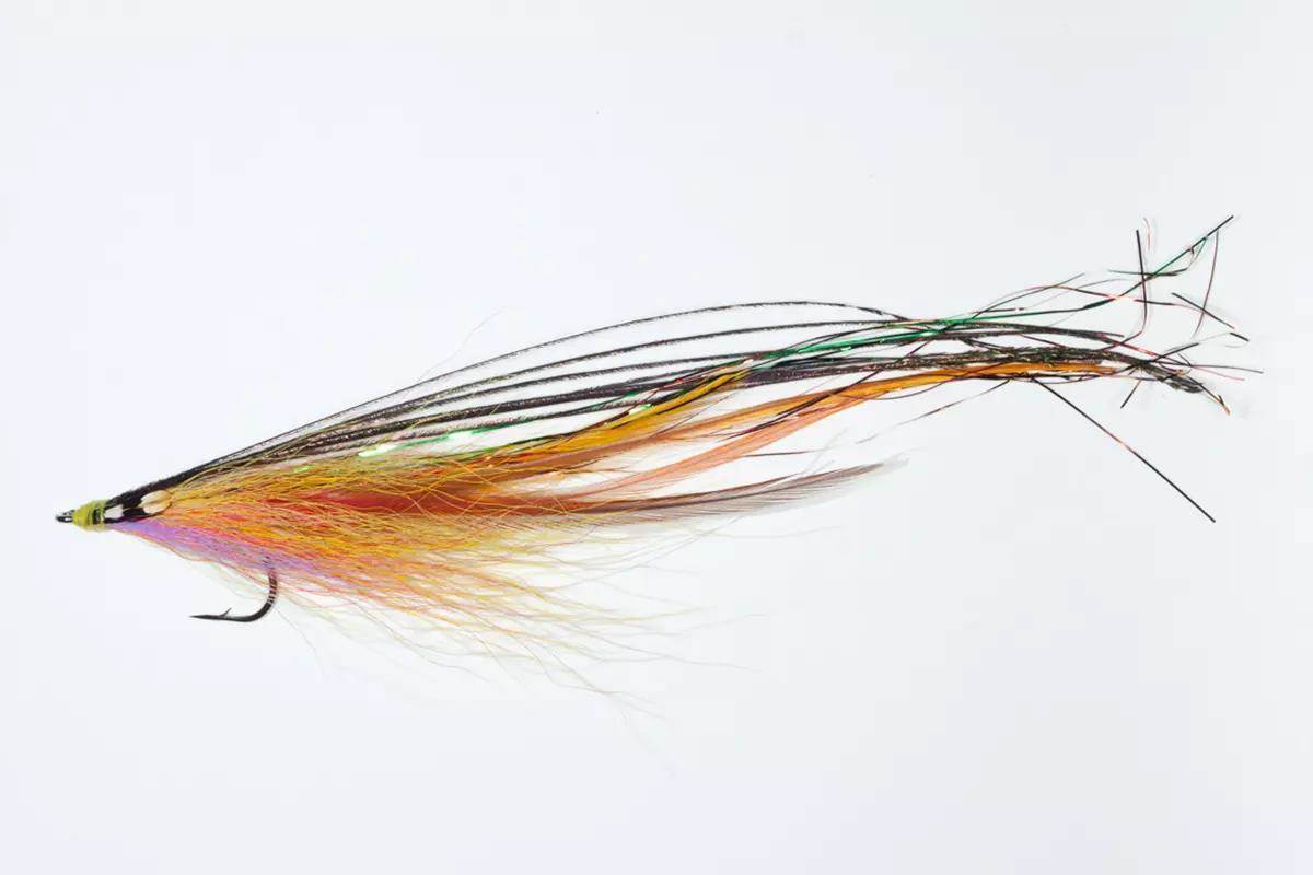 A striped bass fly on a white background.