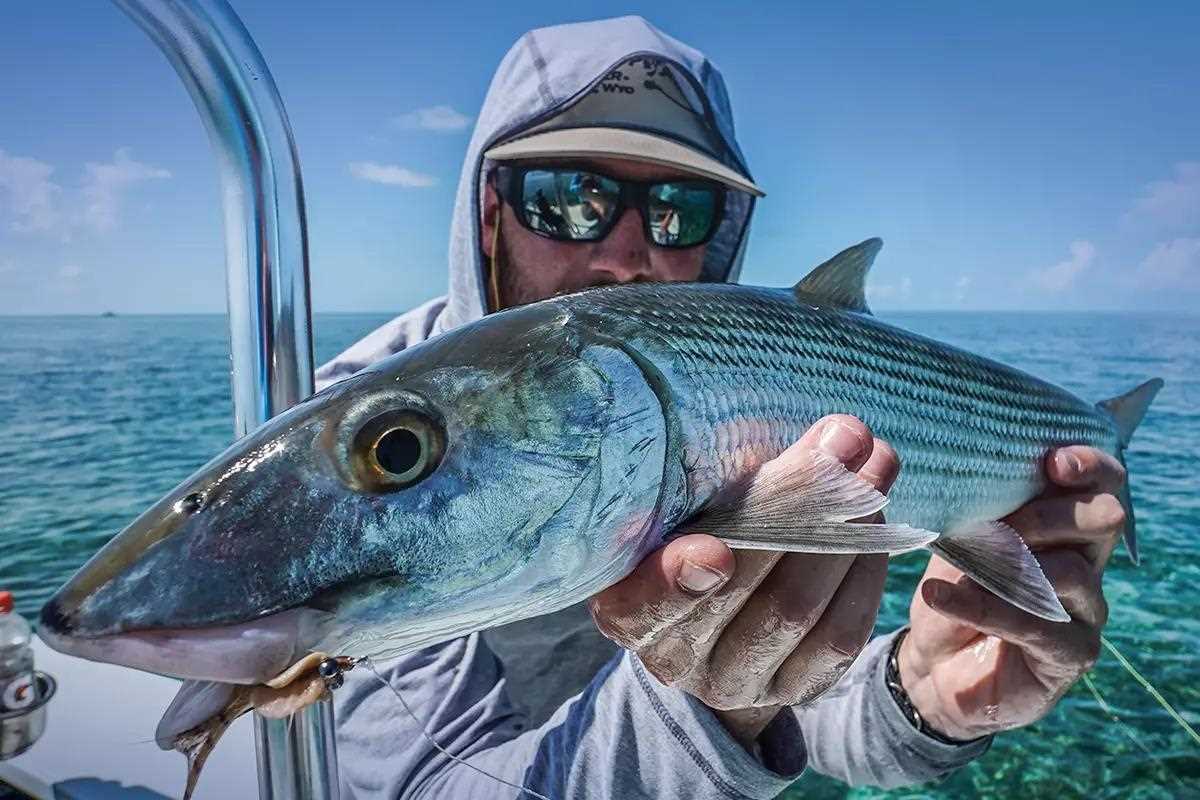 A fly angler in a flats boat holding a large bonefish.