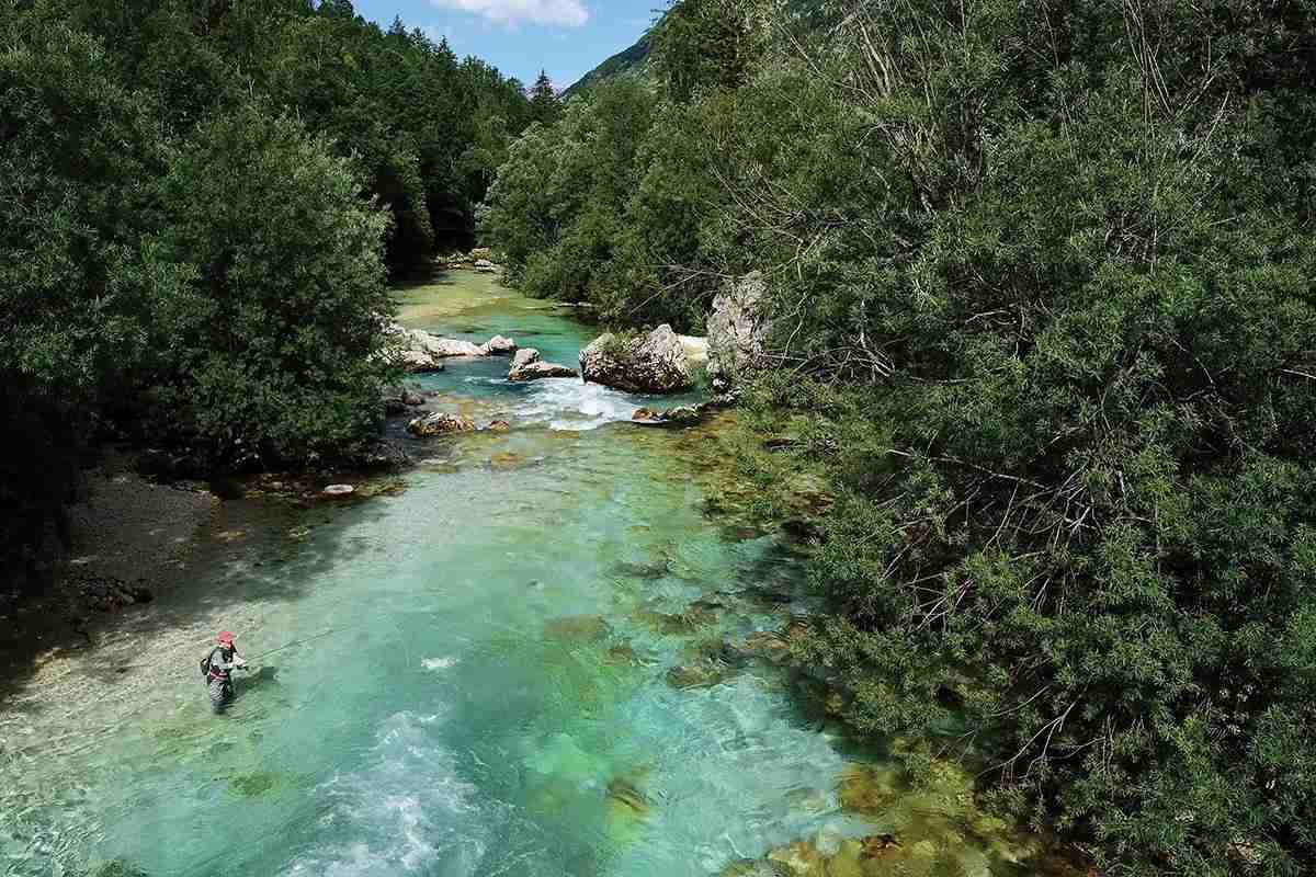 An aerial photo of a fly angler fishing a clear, blue-green river in a forested landscape.