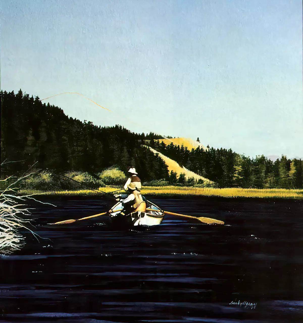 Artwork of two fly anglers in a boat - a fishing guide and client - fishing out of a drift boat on a sunny day.