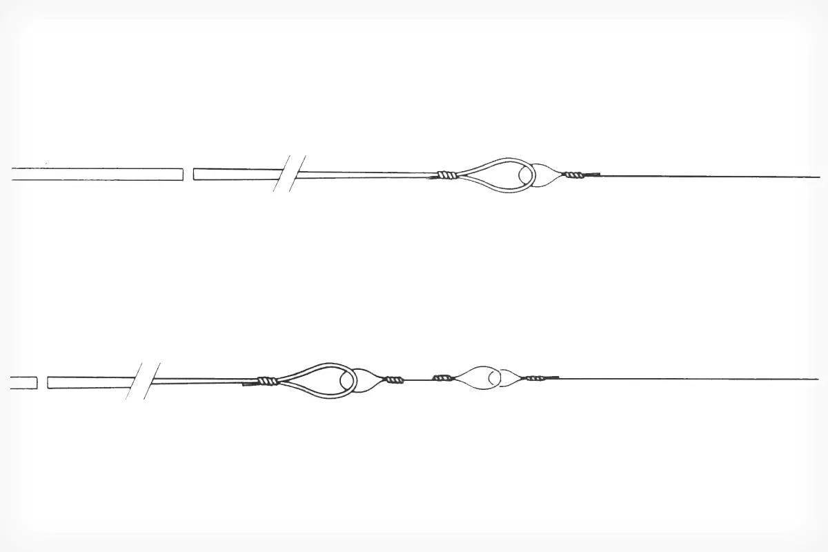 A pencil illustration of a fishing during the creation of a loop knot.
