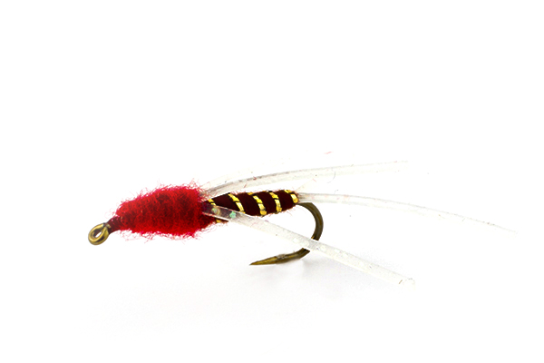 A black and red fly with strands of flash hanging off
